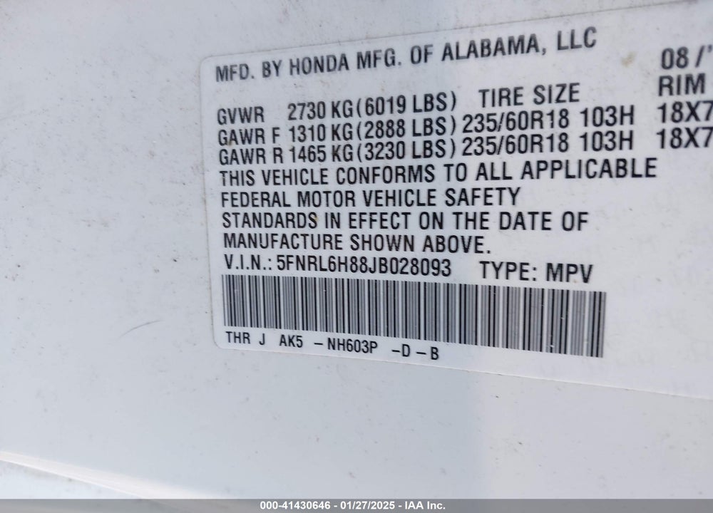 2018 HONDA ODYSSEY TOURING VIN: 5FNRL6H88JB028093