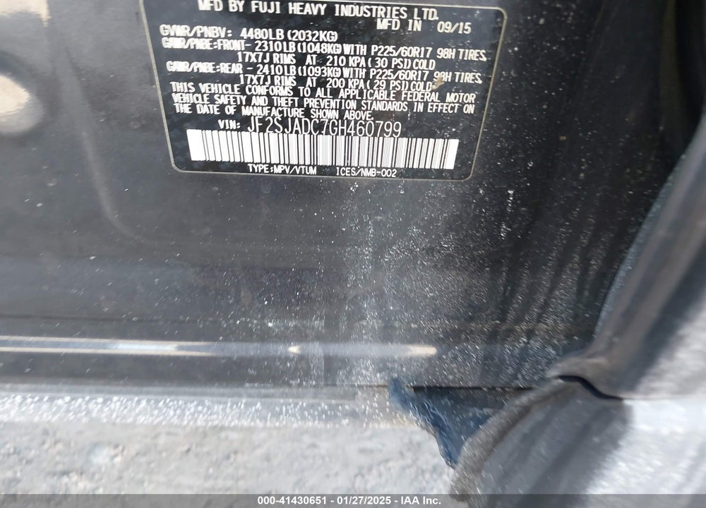 2016 SUBARU FORESTER 2.5I PREMIUM VIN: JF2SJADC7GH460799