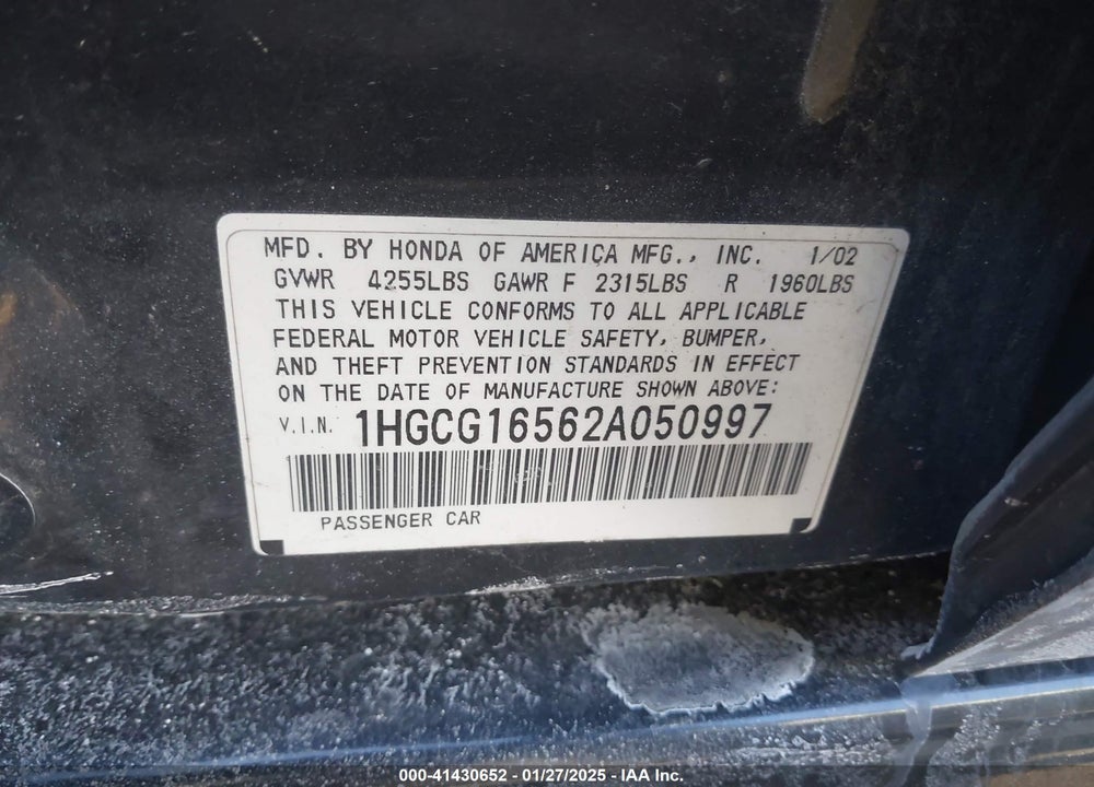 2002 HONDA ACCORD 3.0 EX VIN: 1HGCG16562A050997