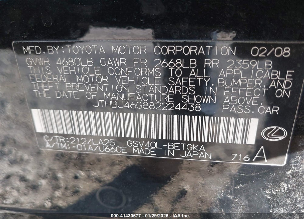 2008 LEXUS ES VIN: JTHBJ46G882224438