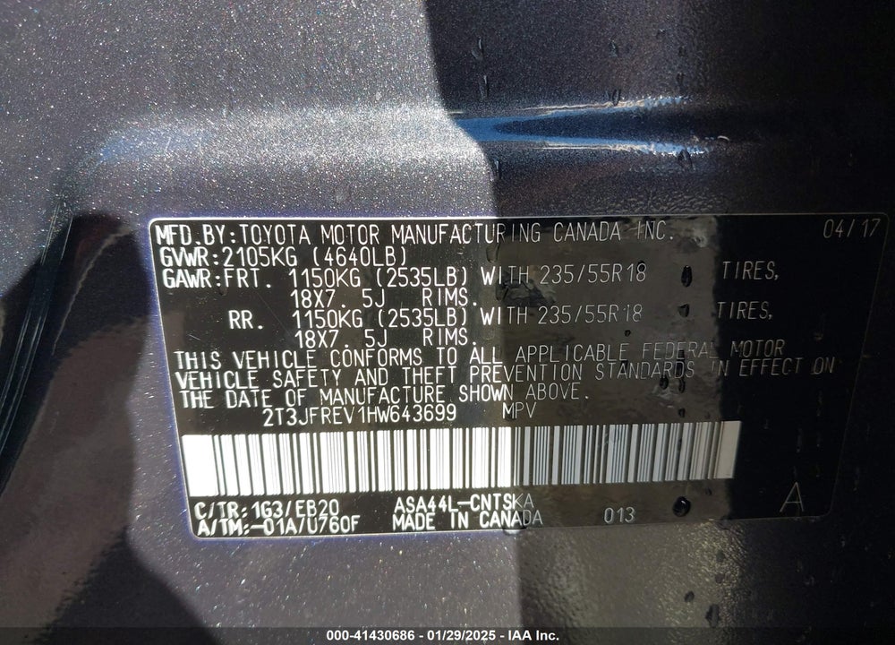 2017 TOYOTA RAV4 SE VIN: 2T3JFREV1HW643699