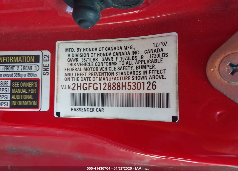 2008 HONDA CIVIC VIN: 2HGFG12888H530126