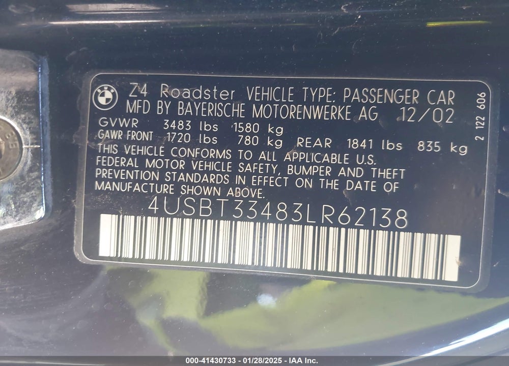 2003 BMW Z4 2.5I VIN: 4USBT33483LR62138