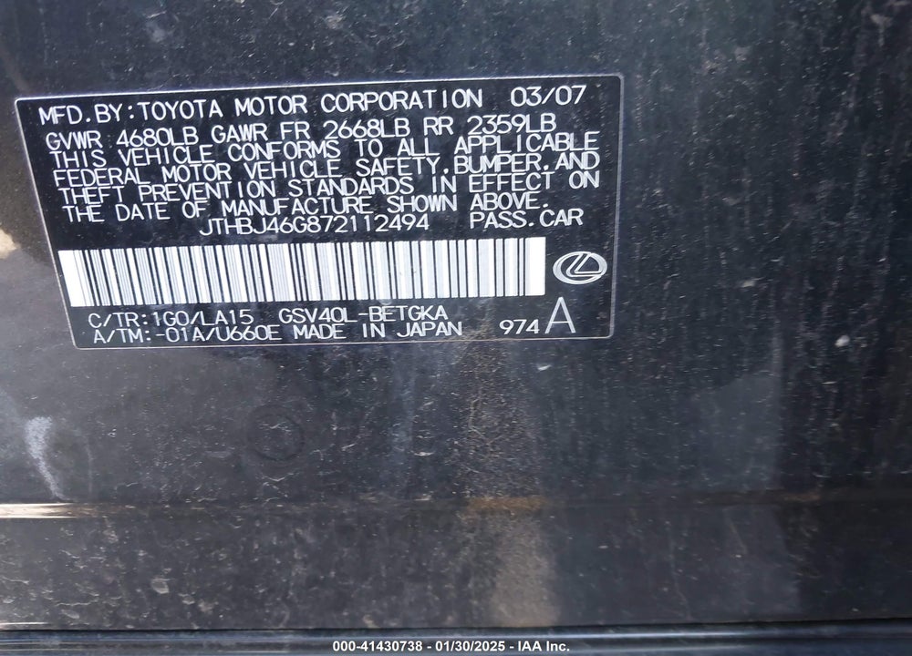 2007 LEXUS ES 350 VIN: JTHBJ46G872112494