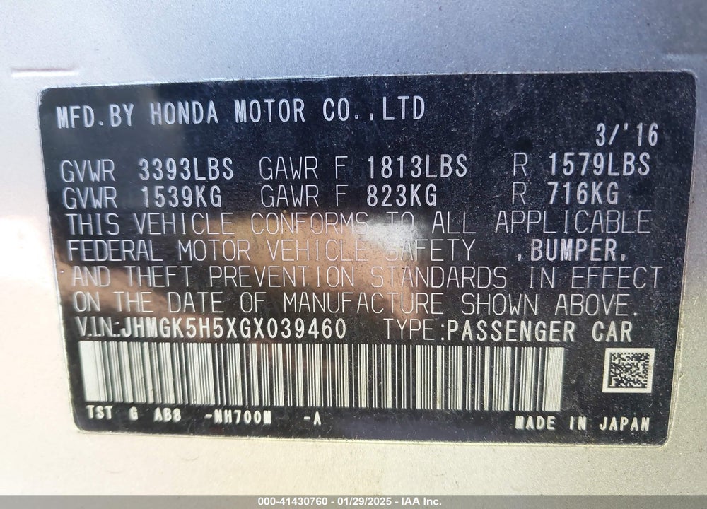 2016 HONDA FIT VIN: JHMGK5H5XGX039460