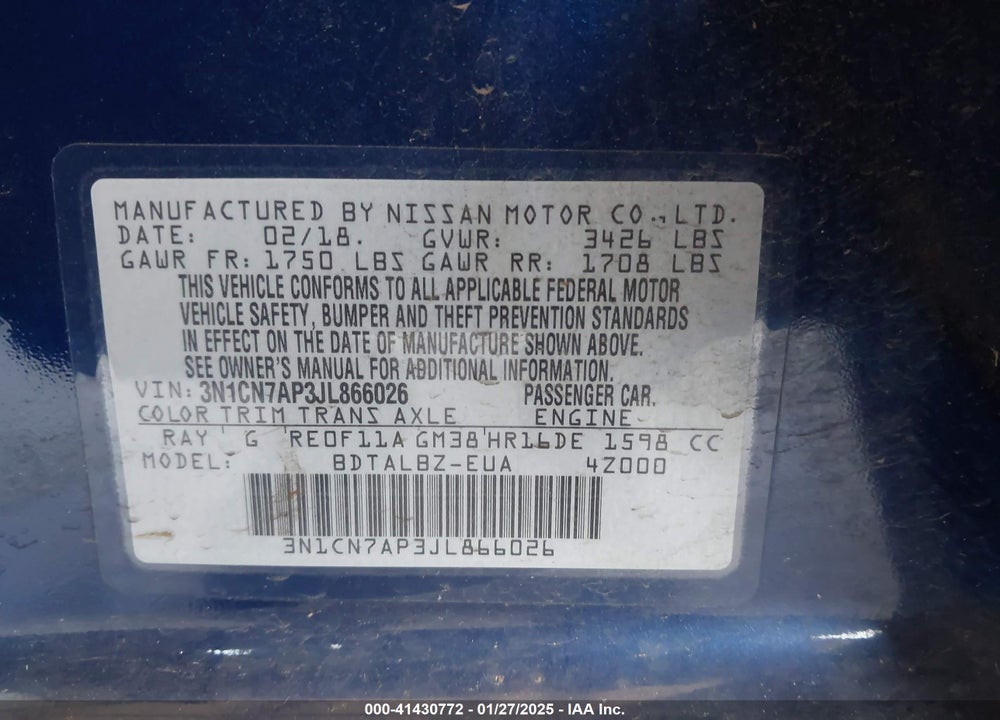 2018 NISSAN VERSA VIN: 3N1CN7AP3JL866026