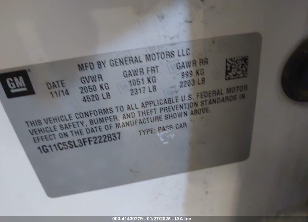 2015 CHEVROLET MALIBU VIN: 1G11C5SL3FF222837