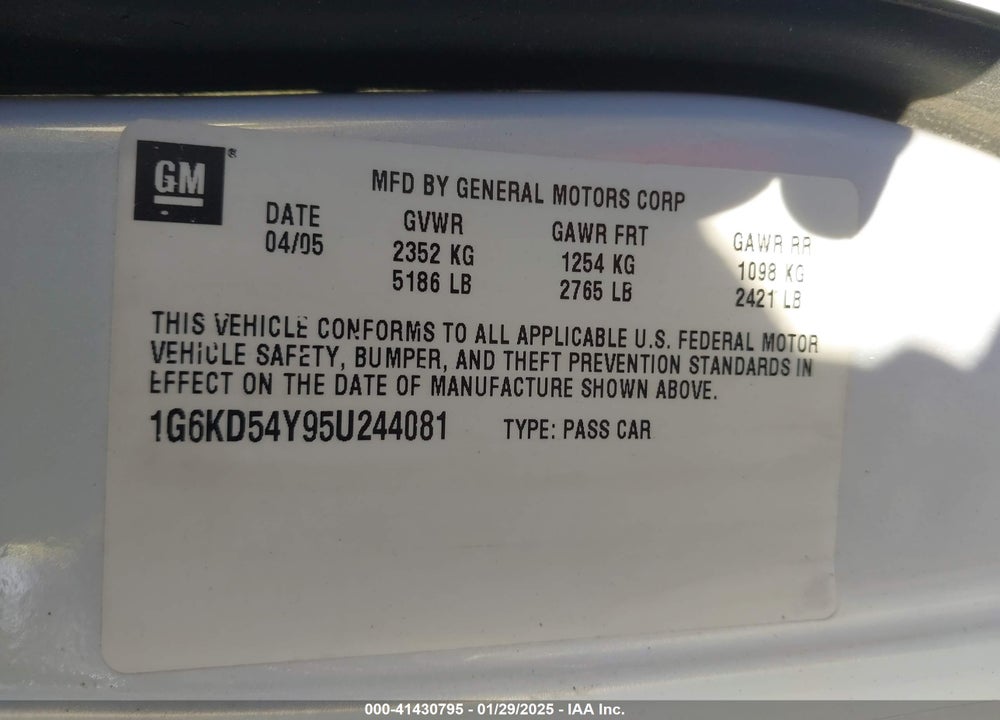 2005 CADILLAC DEVILLE STANDARD VIN: 1G6KD54Y95U244081