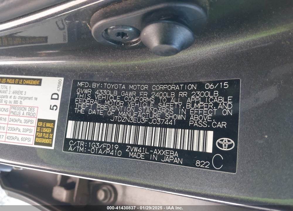 2015 TOYOTA PRIUS V TWO VIN: JTDZN3EU3FJ037441
