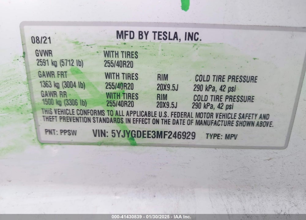 2021 TESLA MODEL Y LONG RANGE DUAL MOTOR ALL-WHEEL DRIVE VIN: 5YJYGDEE3MF246929
