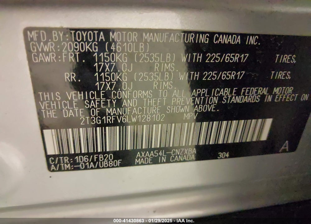 2020 TOYOTA RAV4 LE VIN: 2T3G1RFV6LW128102