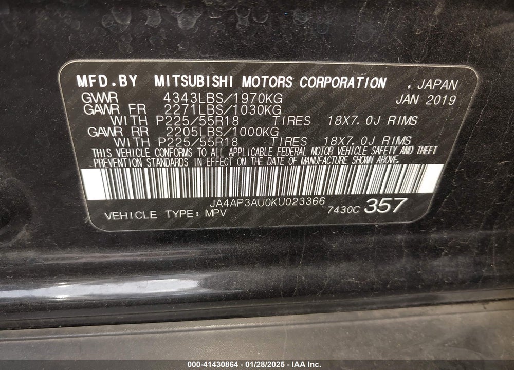 2019 MITSUBISHI OUTLANDER SPORT 2.0 ES VIN: JA4AP3AU0KU023366
