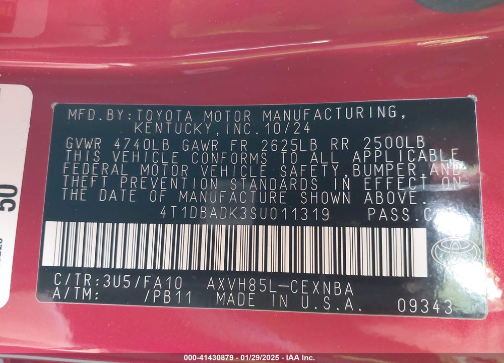 2025 TOYOTA CAMRY VIN: 4T1DBADK3SU011319
