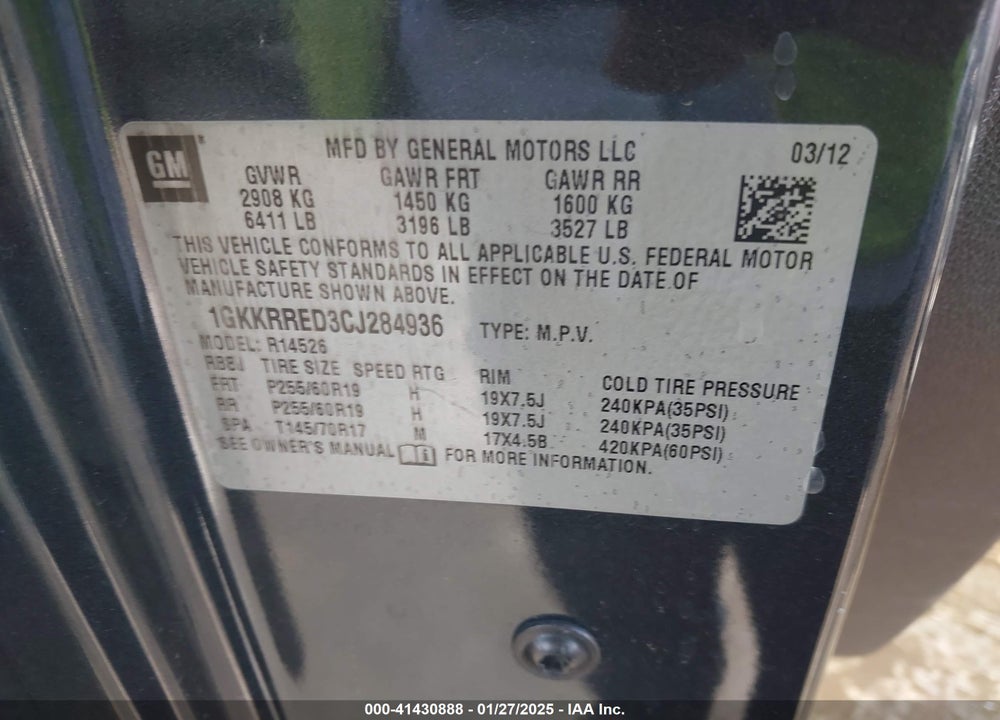 2012 GMC ACADIA VIN: 1GKKRRED3CJ284936