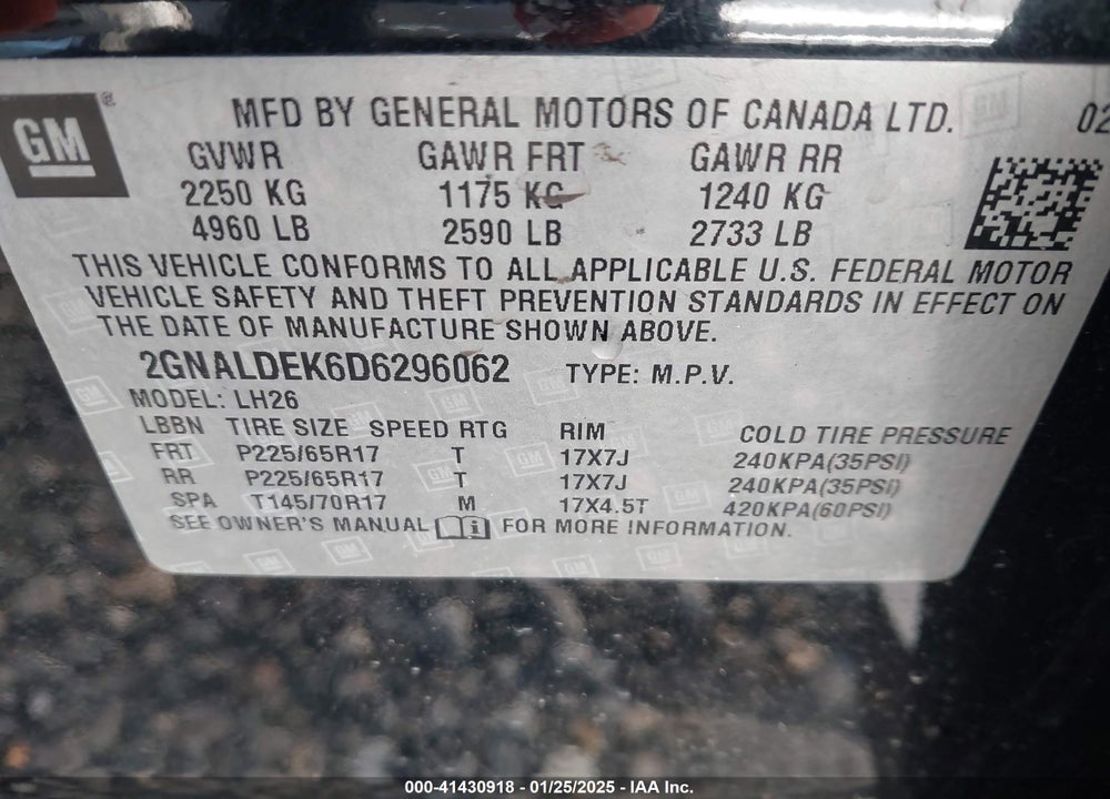 2013 CHEVROLET EQUINOX 1LT VIN: 2GNALDEK6D6296062