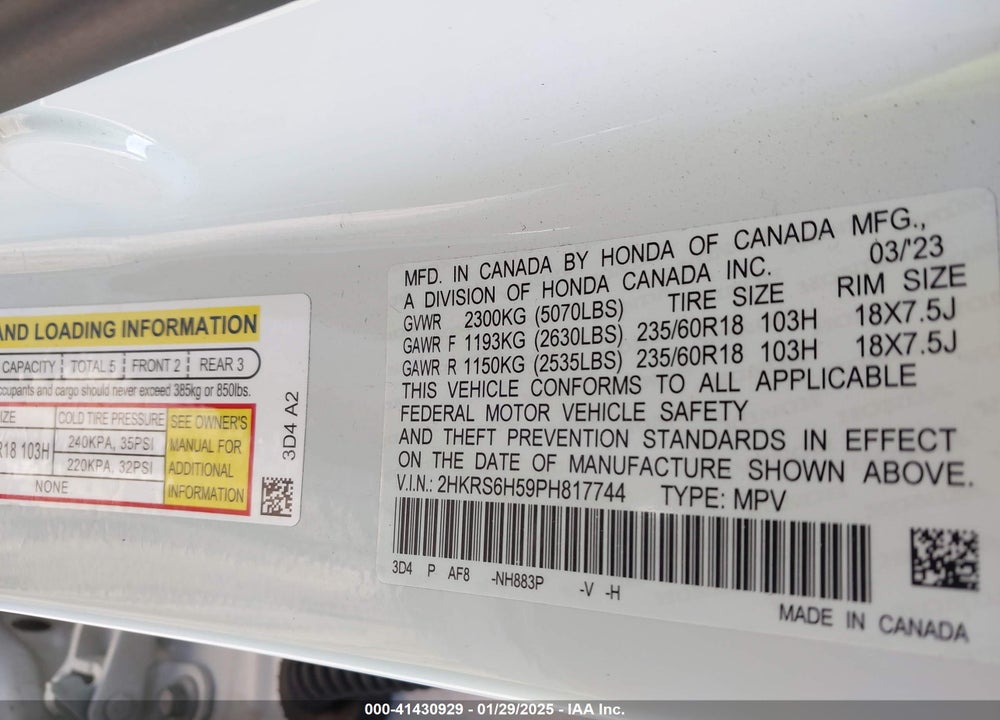2023 HONDA CR-V HYBRID SPORT VIN: 2HKRS6H59PH817744