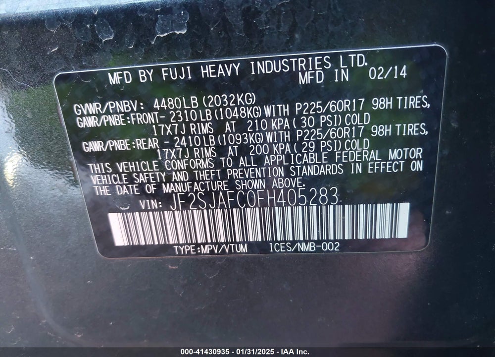 2015 SUBARU FORESTER 2.5I PREMIUM VIN: JF2SJAFC0FH405283