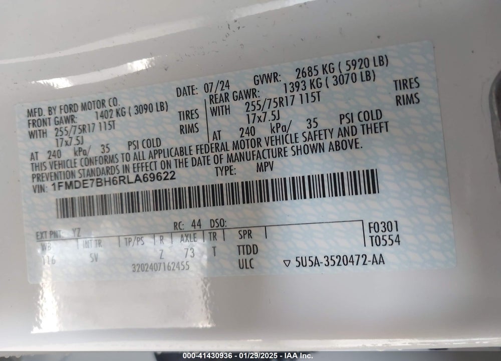 2024 FORD BRONCO BIG BEND VIN: 1FMDE7BH6RLA69622