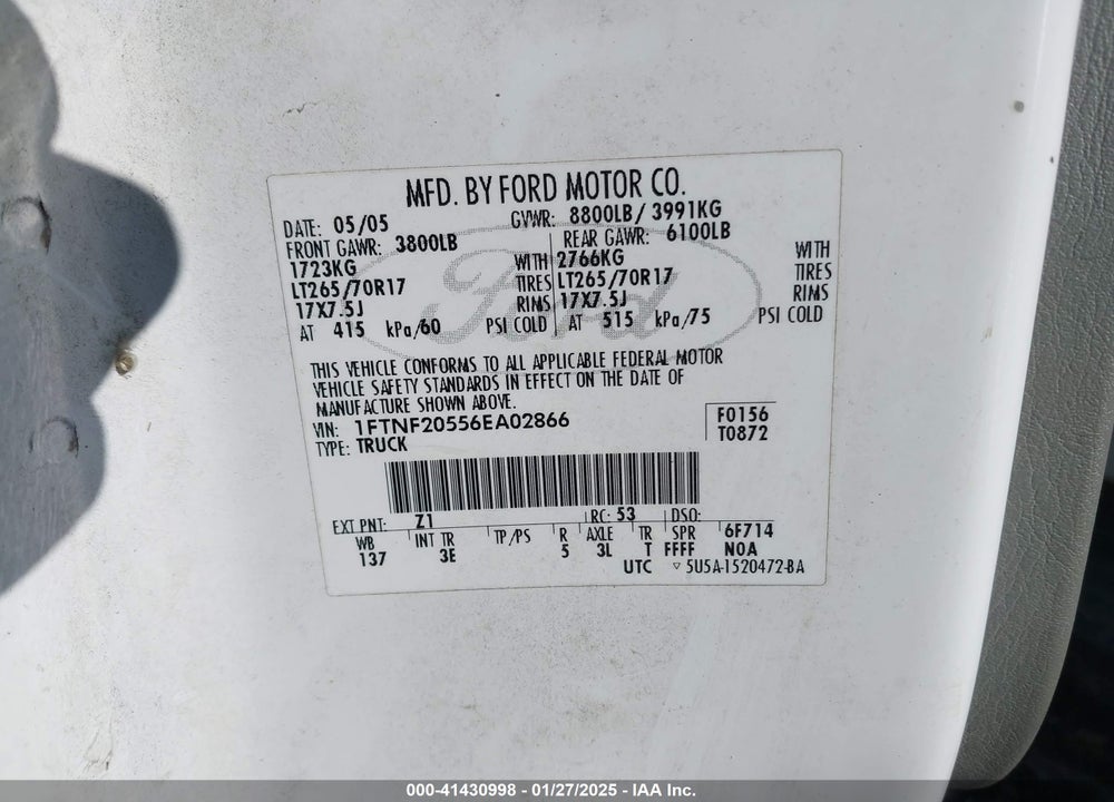 2006 FORD F-250 XL/XLT VIN: 1FTNF20556EA02866