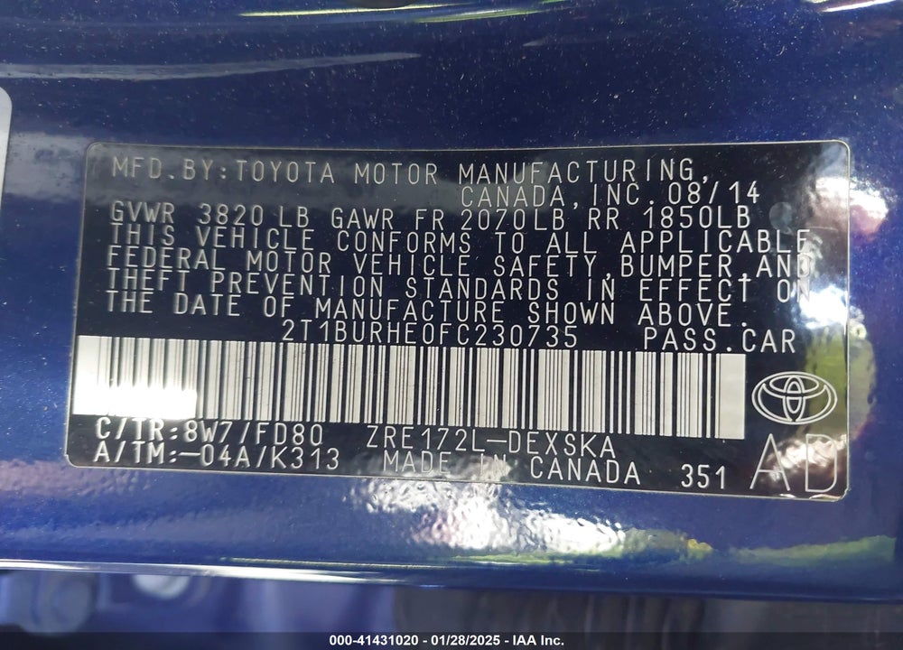 2015 TOYOTA COROLLA VIN: 2T1BURHE0FC230735