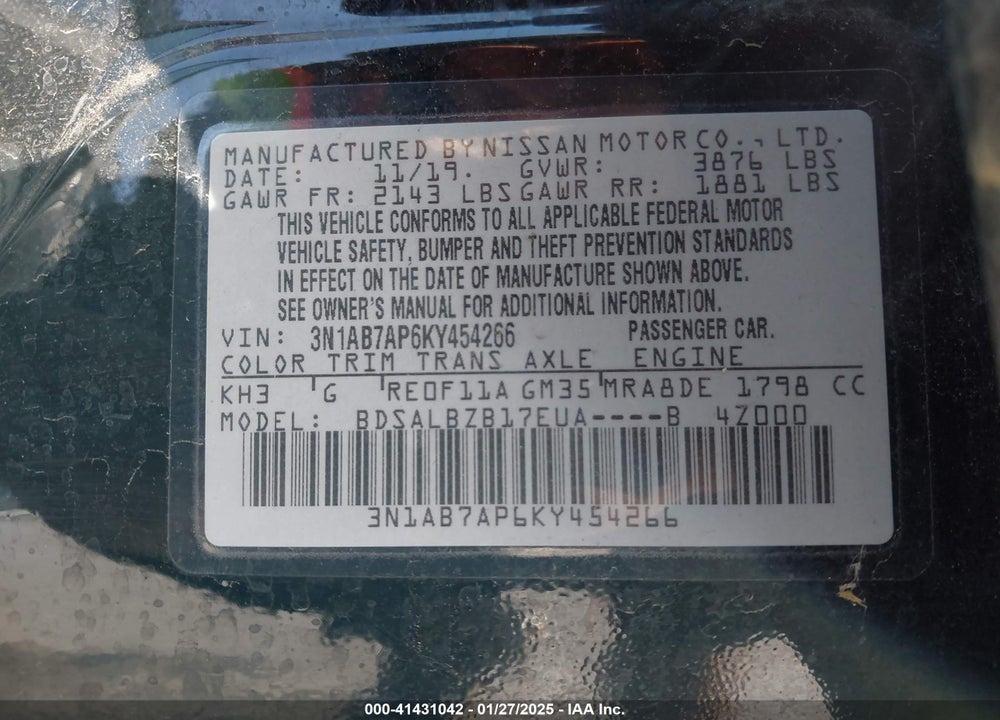 2019 NISSAN SENTRA VIN: 3N1AB7AP6KY454266