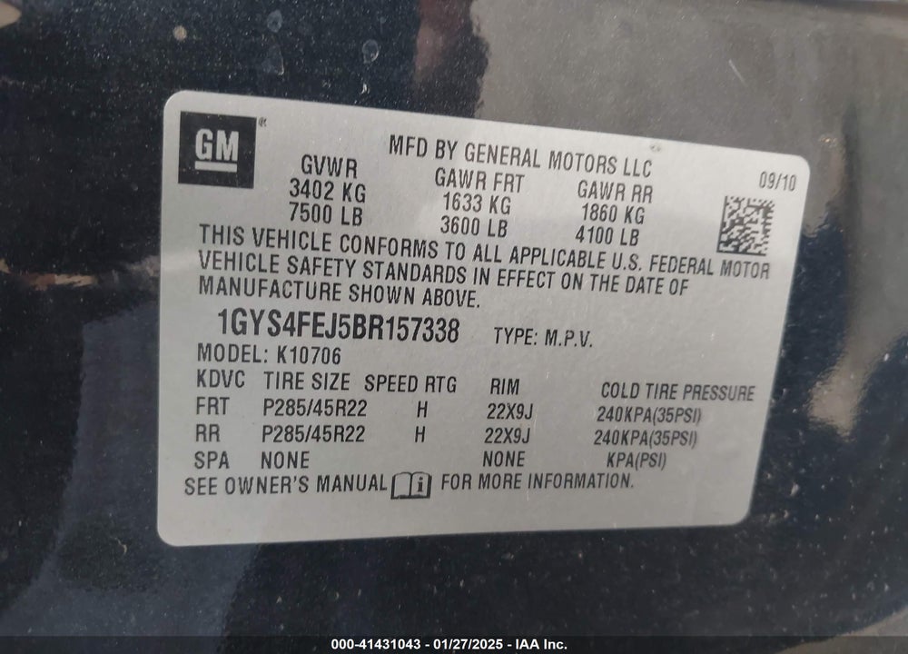 2011 CADILLAC ESCALADE HYBRID VIN: 1GYS4FEJ5BR157338