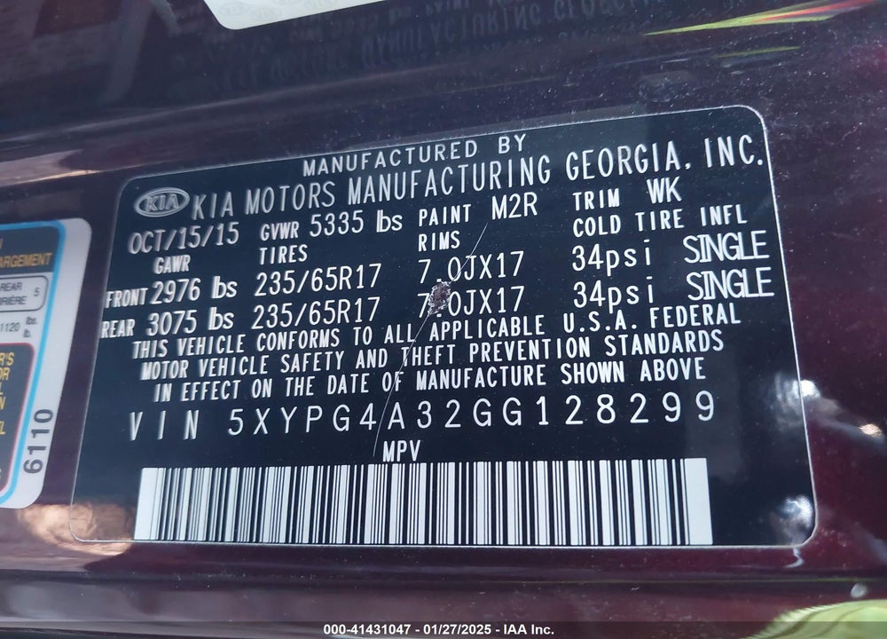 2016 KIA SORENTO 2.4L LX VIN: 5XYPG4A32GG128299