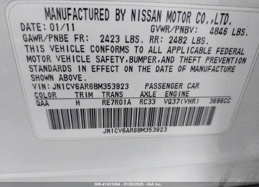 2011 INFINITI G37X VIN: JN1CV6AR6BM353923