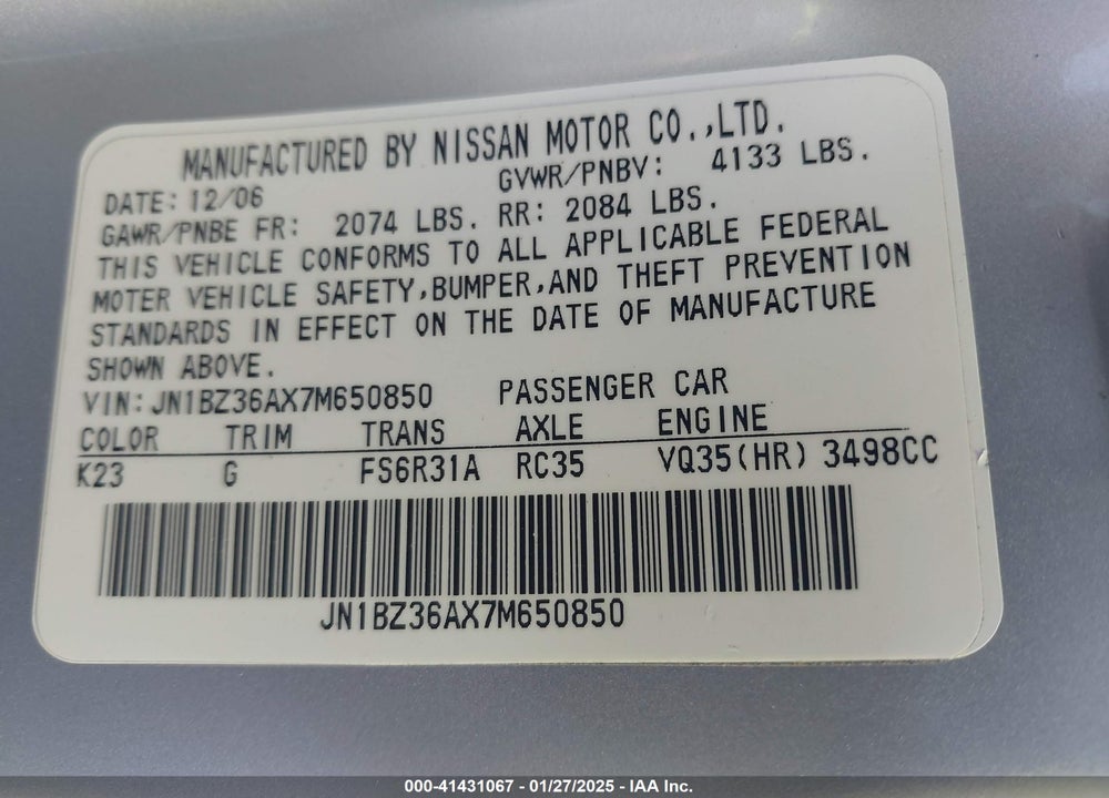 2007 NISSAN 350Z TOURING VIN: JN1BZ36AX7M650850