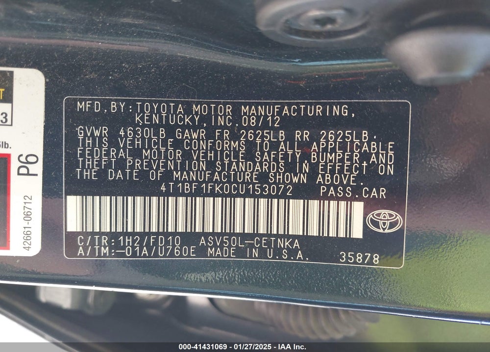 2012 TOYOTA CAMRY LE VIN: 4T1BF1FK0CU153072