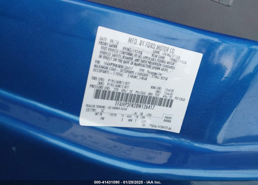 2011 FORD FOCUS VIN: 1FAHP3FN2BW126417