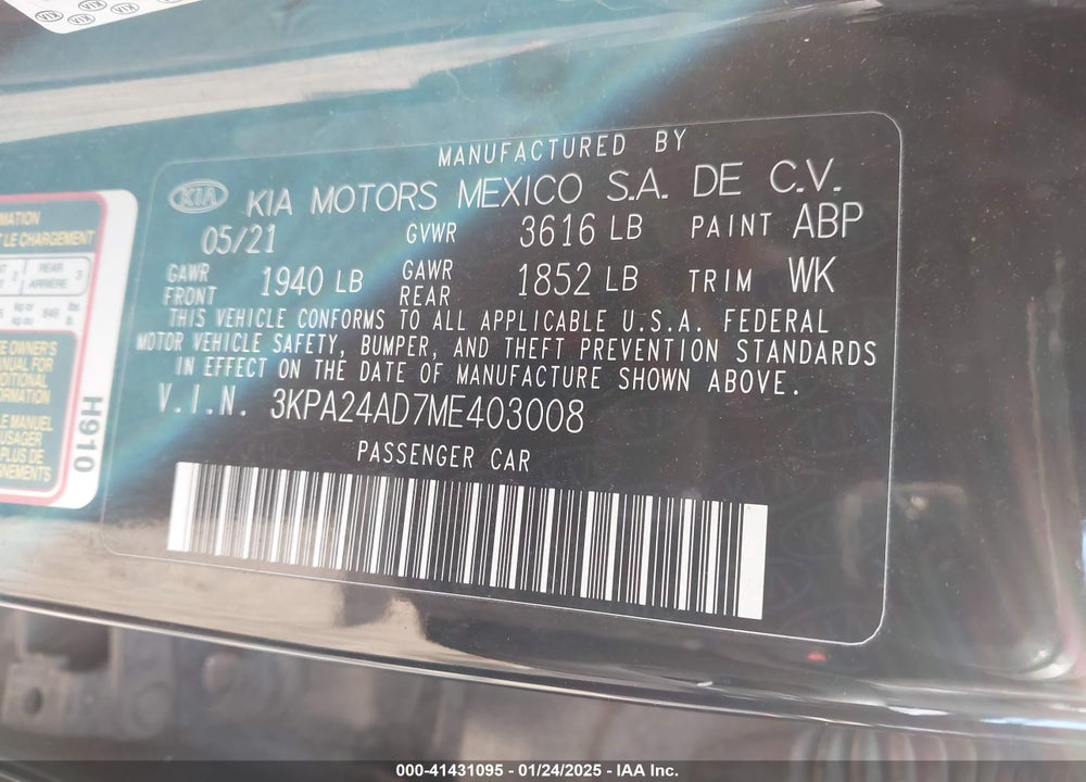 2021 KIA RIO VIN: 3KPA24AD7ME403008