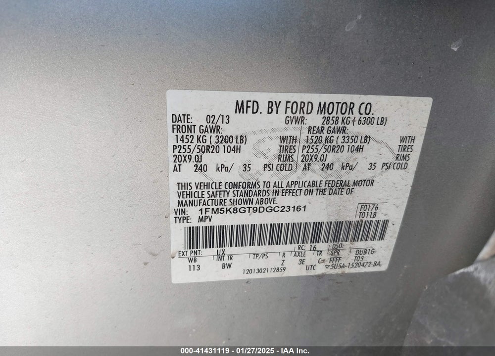 2013 FORD EXPLORER VIN: 1FM5K8GT9DGC23161