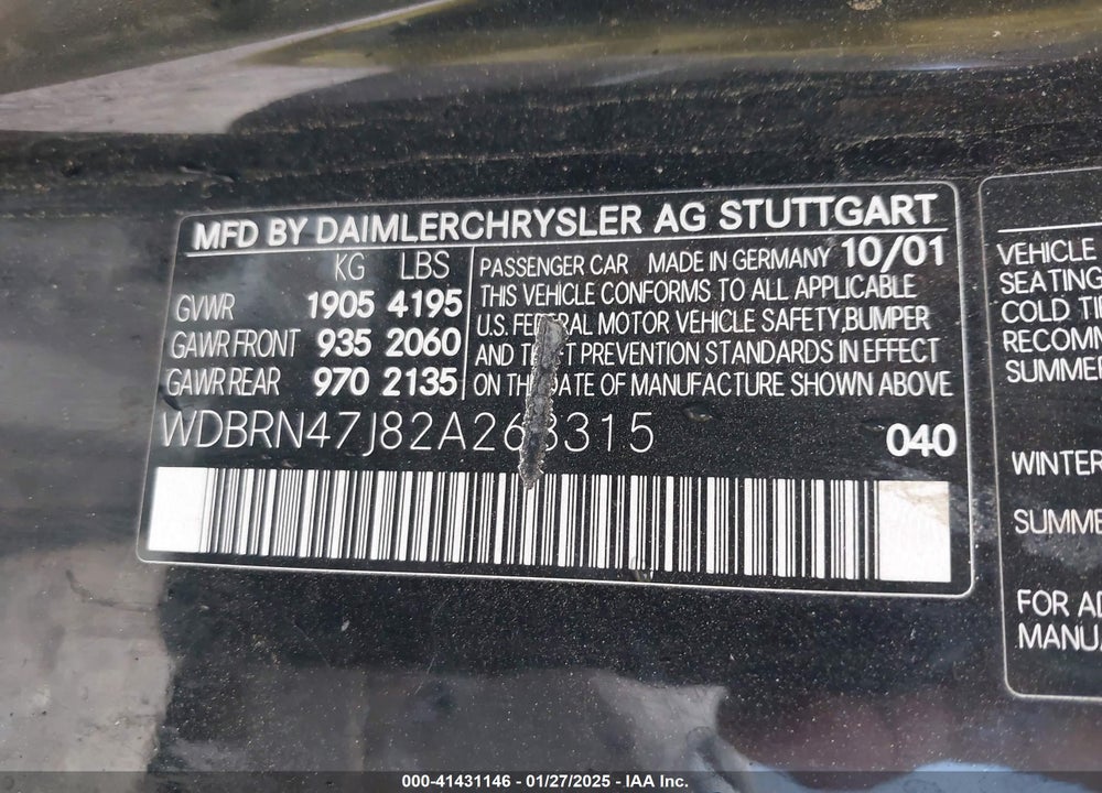 2002 MERCEDES-BENZ C CLASS VIN: WDBRN47J82A263315