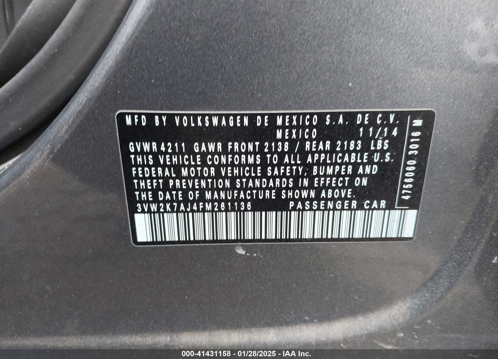 2015 VOLKSWAGEN JETTA VIN: 3VW2K7AJ4FM261136