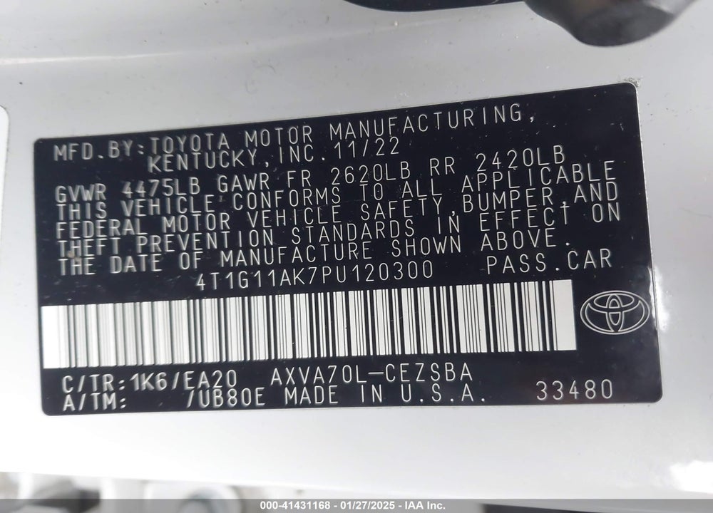 2023 TOYOTA CAMRY SE VIN: 4T1G11AK7PU120300