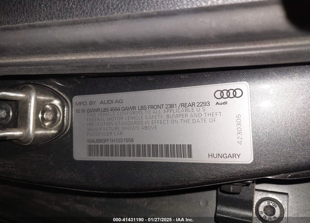 2017 AUDI A3 VIN: WAUB8GFF1H1031556