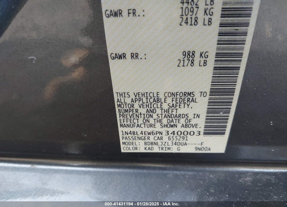 2023 NISSAN ALTIMA VIN: 1N4BL4EW6PN340003