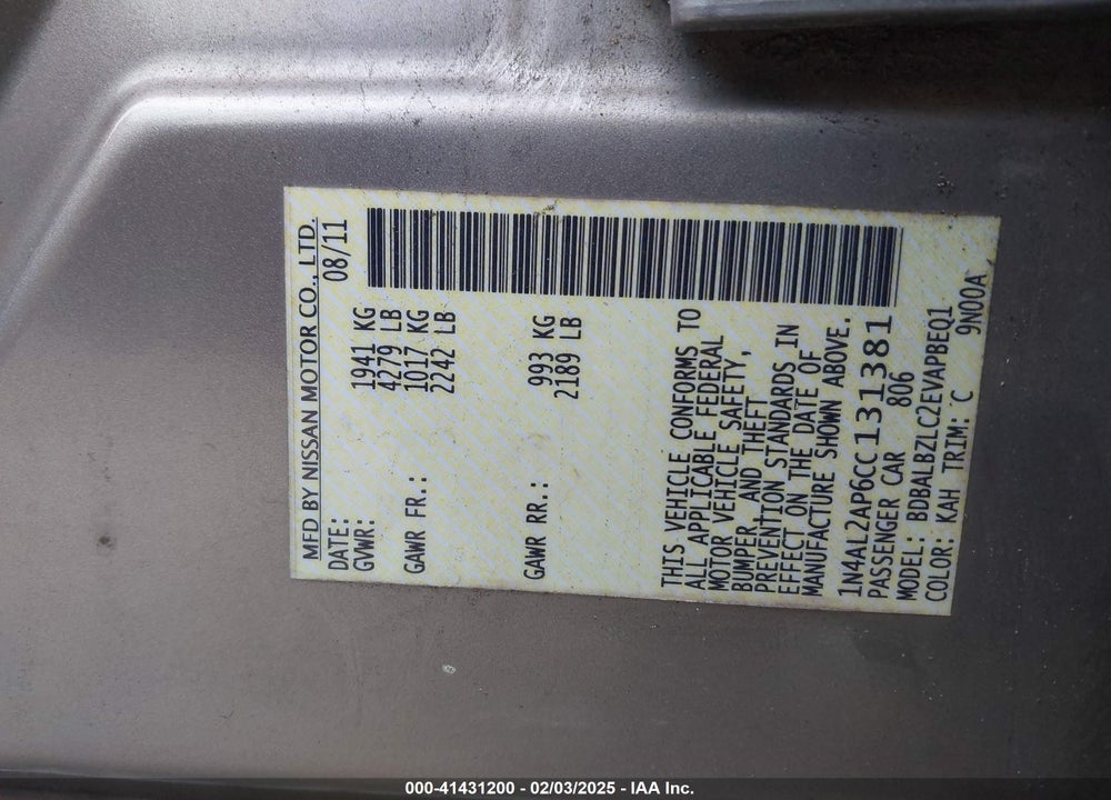 2012 NISSAN ALTIMA VIN: 1N4AL2AP6CC131381
