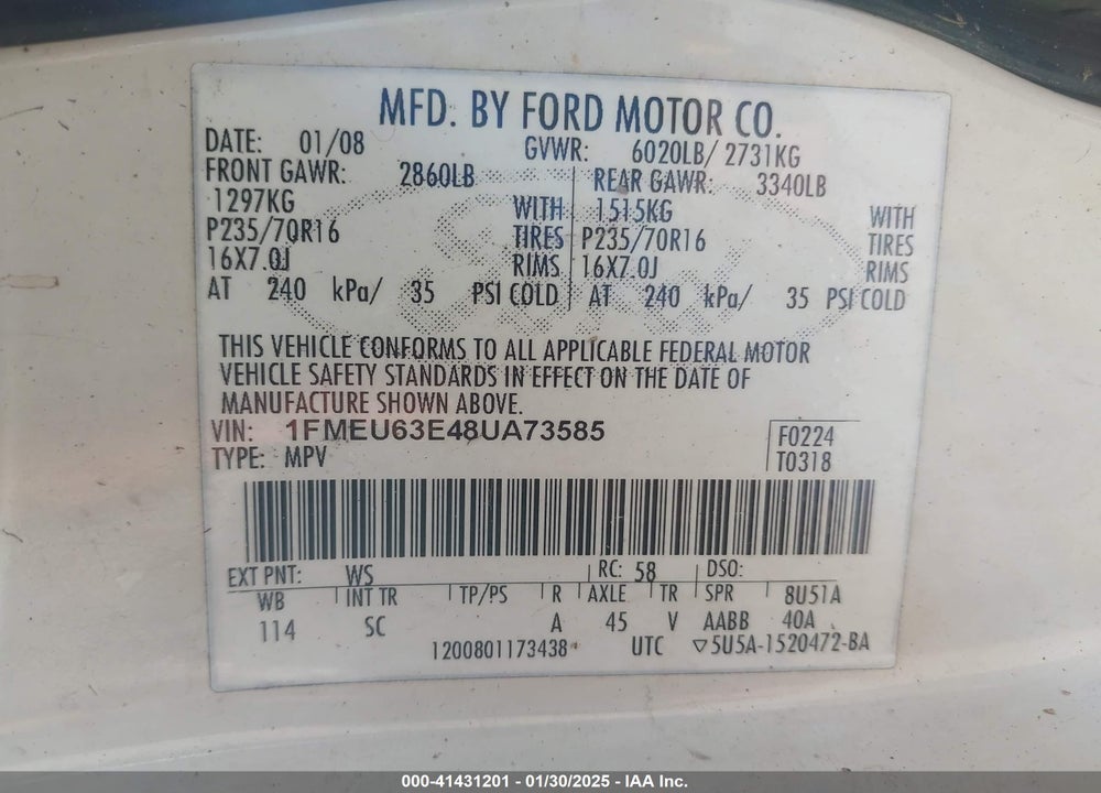 2008 FORD EXPLORER VIN: 1FMEU63E48UA73585