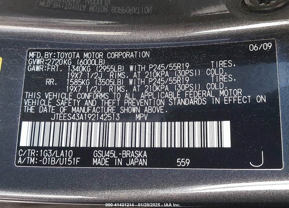 2009 TOYOTA HIGHLANDER SPORT VIN: JTEES43A192142513