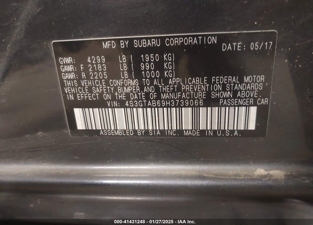 2017 SUBARU IMPREZA VIN: 4S3GTAB69H3739066