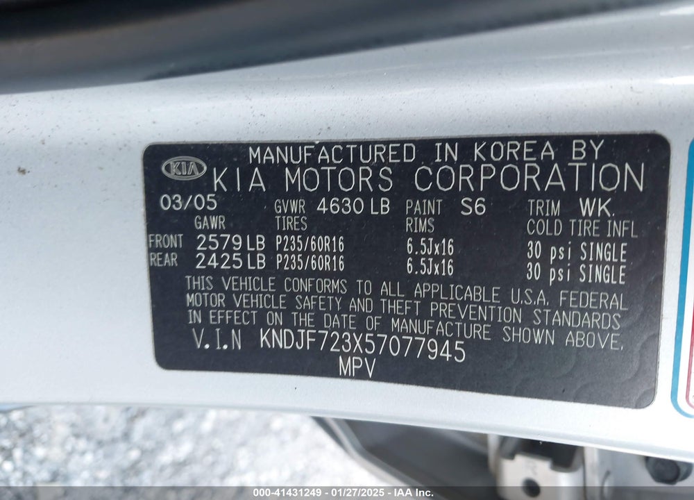 2005 KIA SPORTAGE EX V6/LX V6 VIN: KNDJF723X57077945