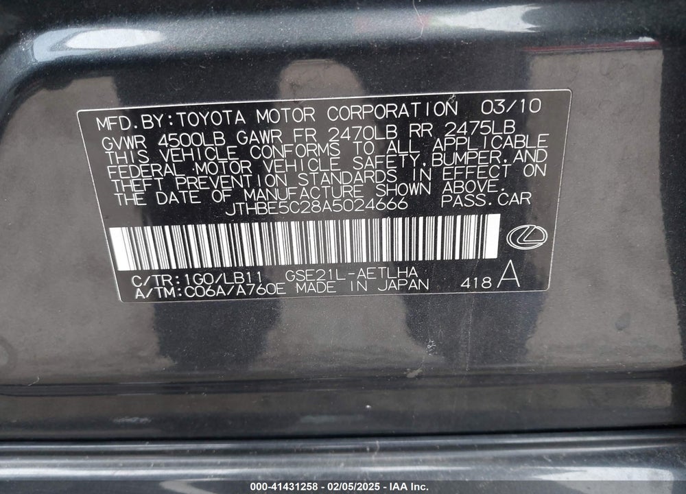 2010 LEXUS IS 350 VIN: JTHBE5C28A5024666