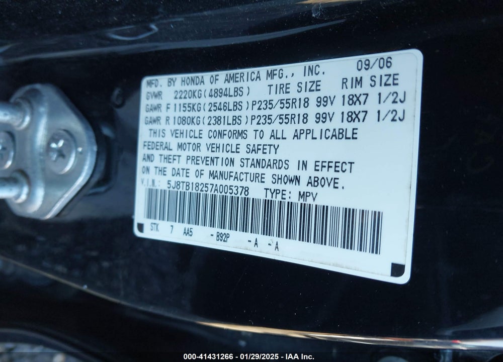 2007 ACURA RDX VIN: 5J8TB18257A005378
