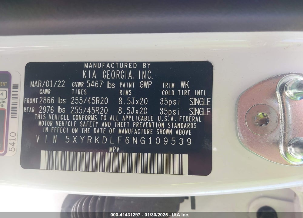2022 KIA SORENTO SX VIN: 5XYRKDLF6NG109539