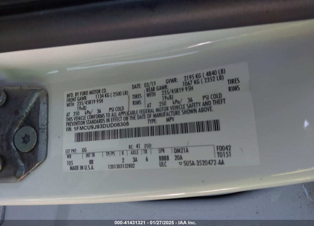 2013 FORD ESCAPE VIN: 1FMCU9J93DUD08308