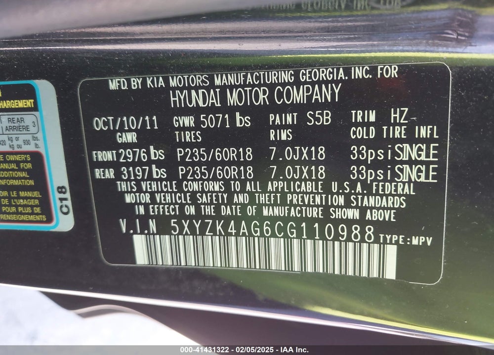 2012 HYUNDAI SANTA FE LIMITED V6 VIN: 5XYZK4AG6CG110988