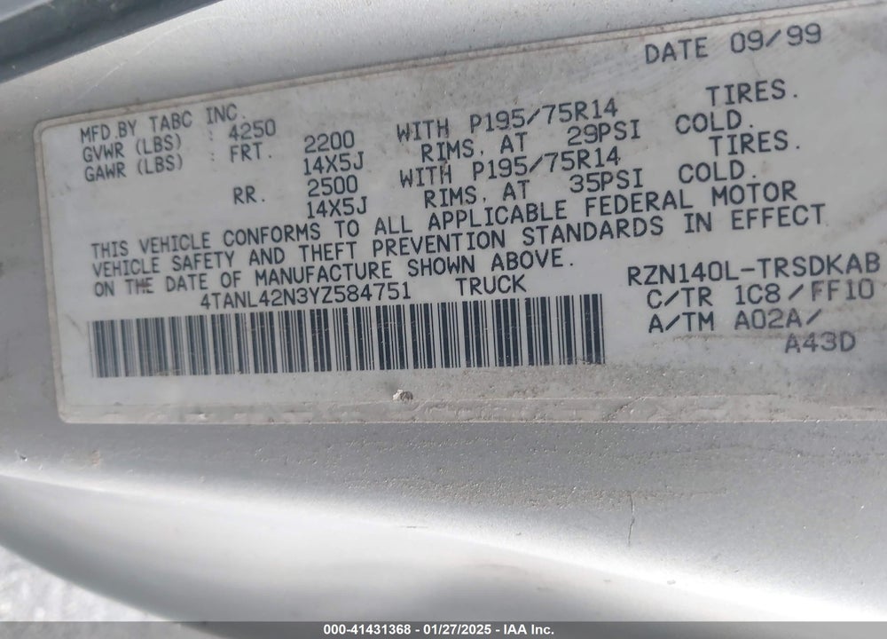 2000 TOYOTA TACOMA VIN: 4TANL42N3YZ584751
