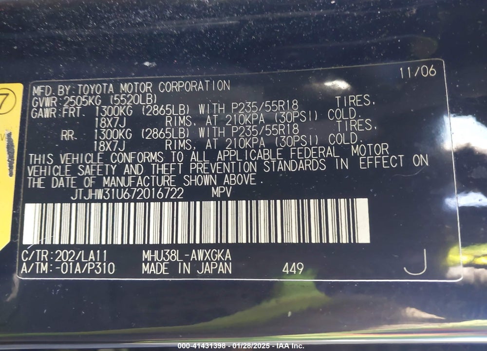 2007 LEXUS RX 400H VIN: JTJHW31U672016722